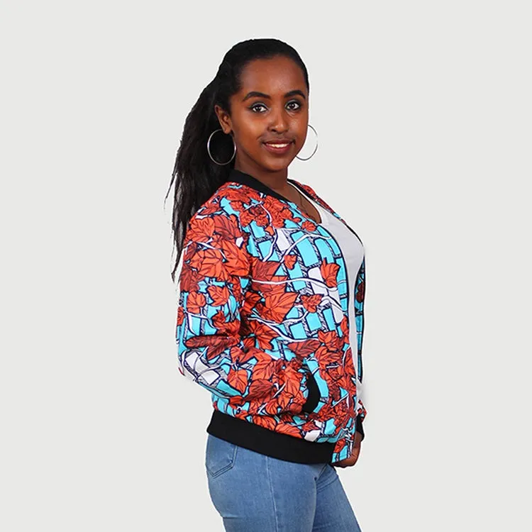 Traditional African Ankara Wax Print Multi Color Leaf Design Bomber Jacket