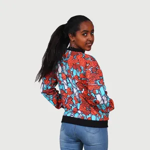 Traditional African Ankara Wax Print Multi Color Leaf Design Bomber Jacket