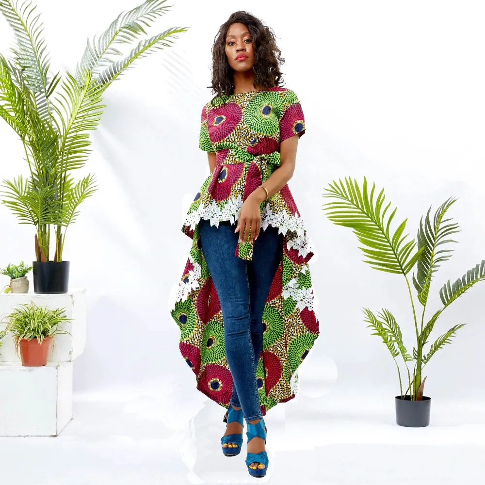 Traditional African Kitenge Dashiki Print Design Fishtail Hi-Lo Hem T-Shirt