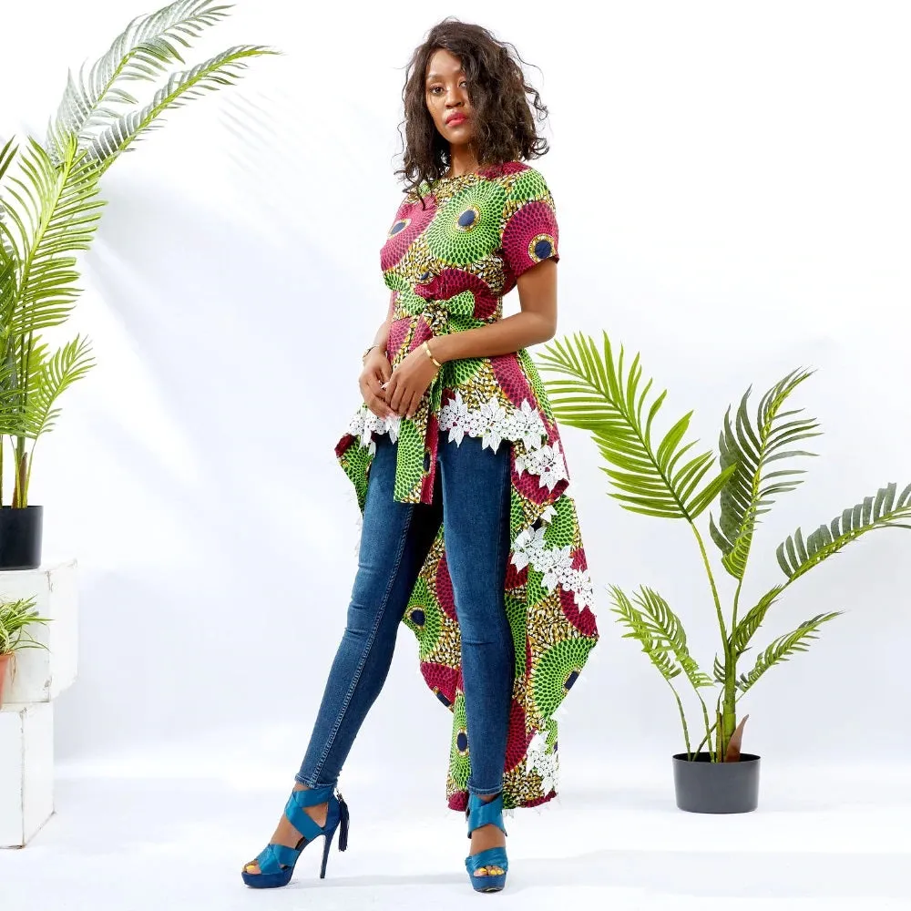 Traditional African Kitenge Dashiki Print Design Fishtail Hi-Lo Hem T-Shirt