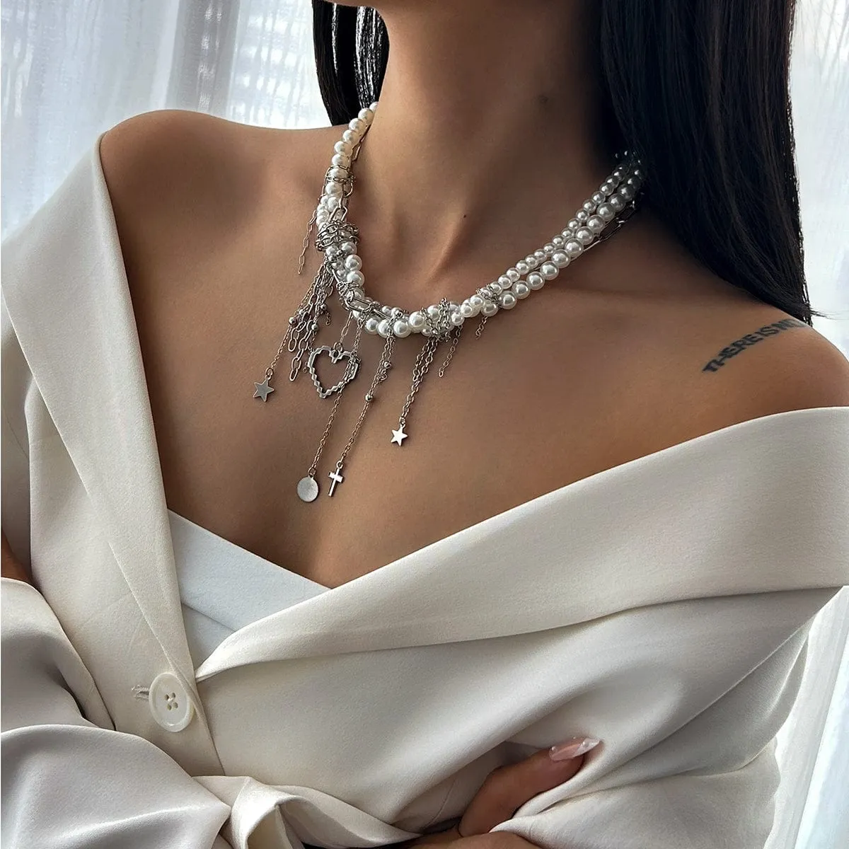 Trendy Layered Heart Pendant Star Cross Tassel Pearl Chain Necklace