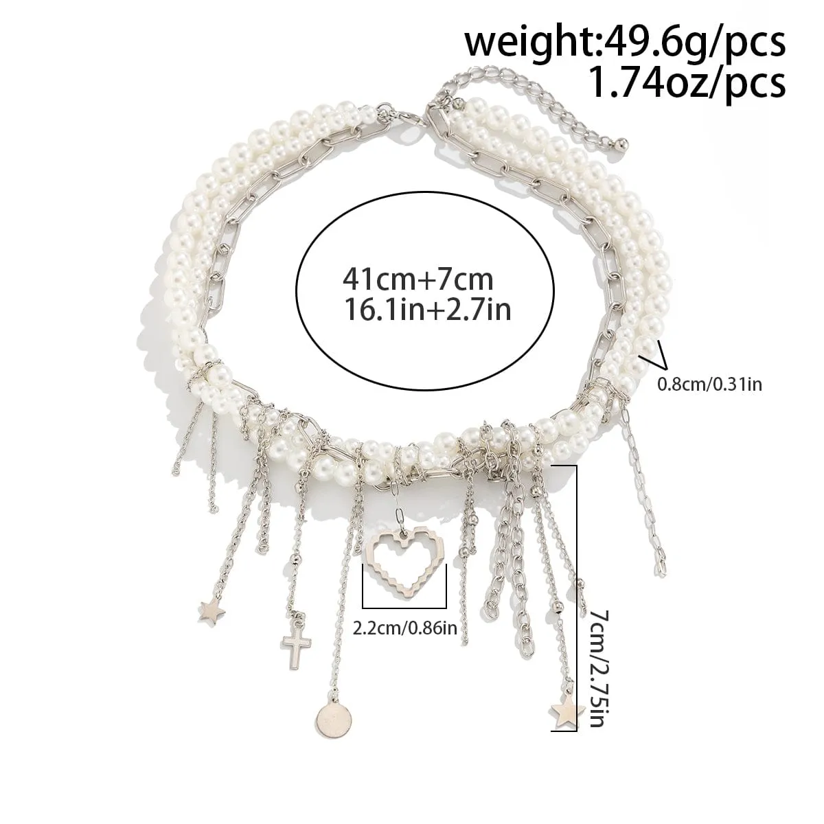 Trendy Layered Heart Pendant Star Cross Tassel Pearl Chain Necklace