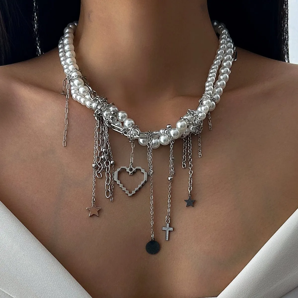 Trendy Layered Heart Pendant Star Cross Tassel Pearl Chain Necklace