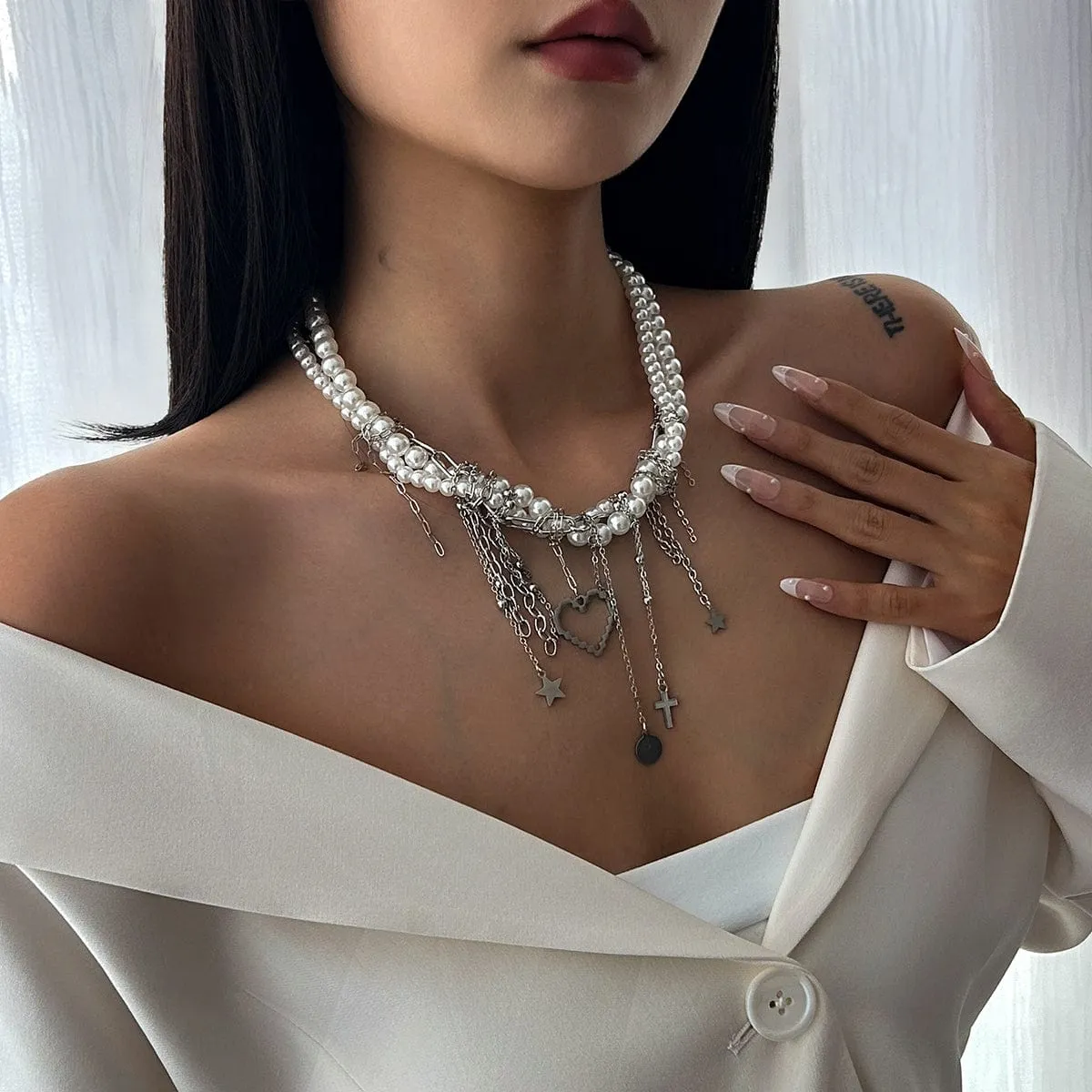 Trendy Layered Heart Pendant Star Cross Tassel Pearl Chain Necklace