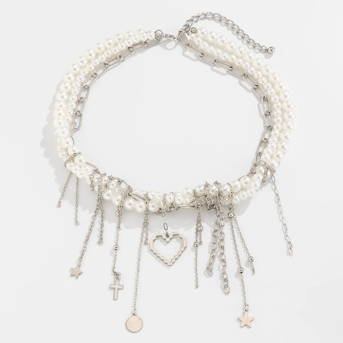 Trendy Layered Heart Pendant Star Cross Tassel Pearl Chain Necklace