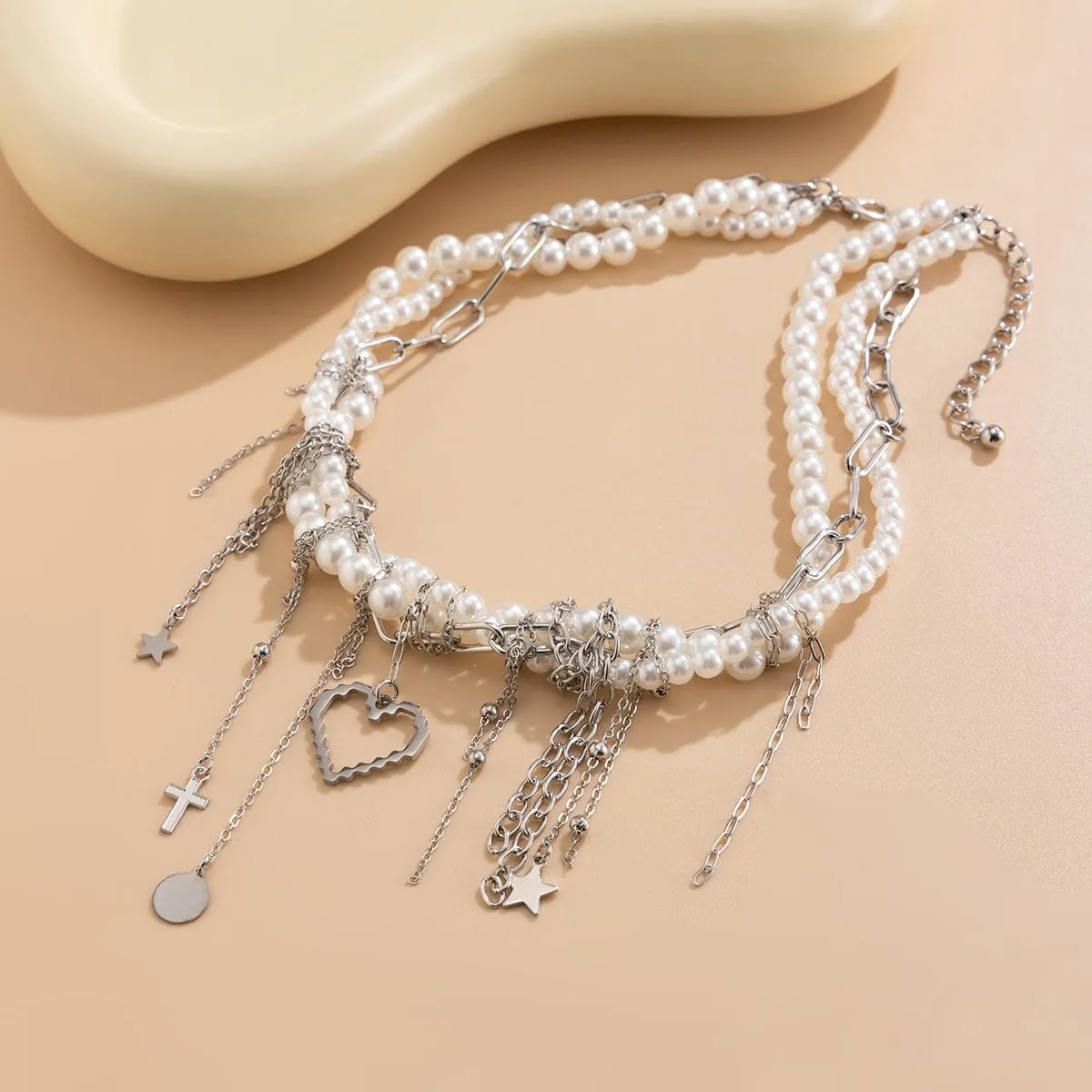 Trendy Layered Heart Pendant Star Cross Tassel Pearl Chain Necklace