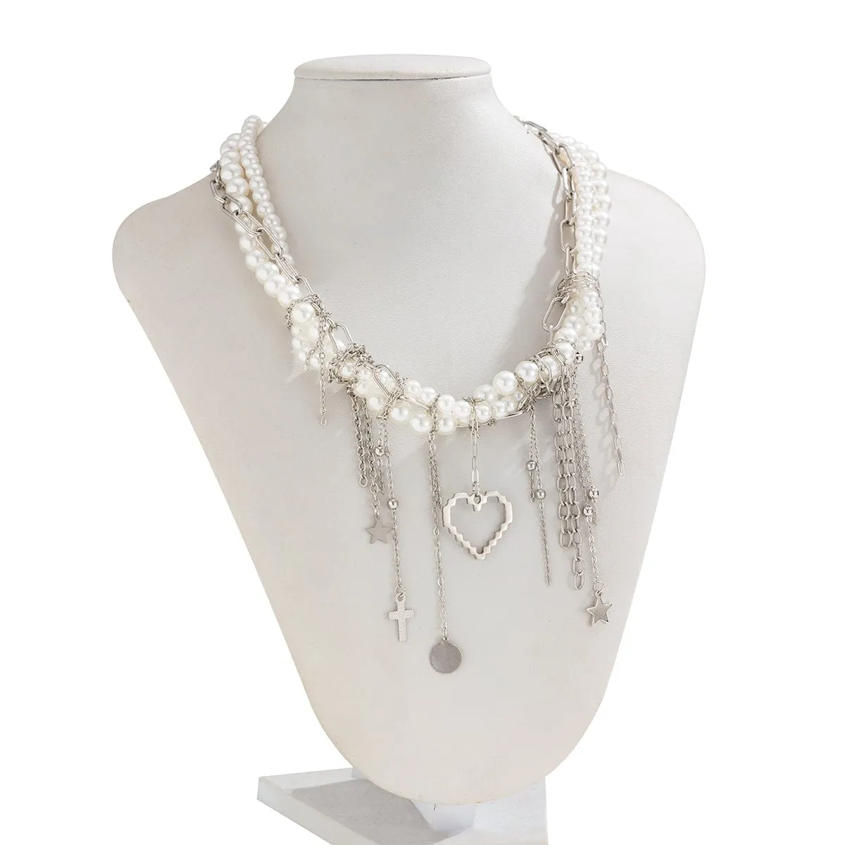 Trendy Layered Heart Pendant Star Cross Tassel Pearl Chain Necklace