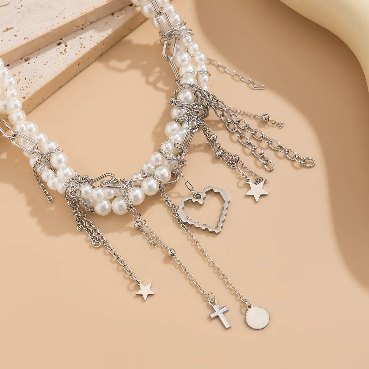 Trendy Layered Heart Pendant Star Cross Tassel Pearl Chain Necklace