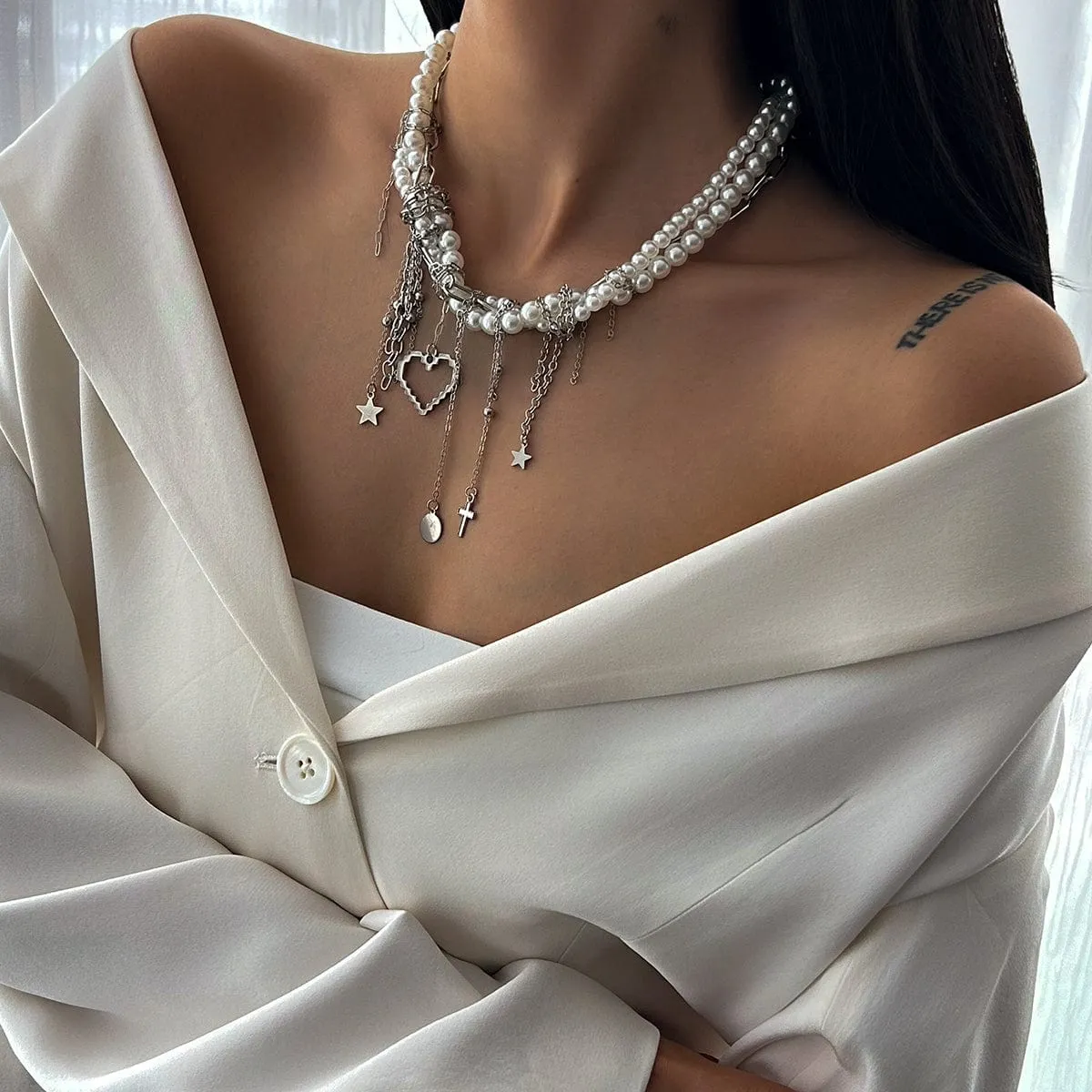 Trendy Layered Heart Pendant Star Cross Tassel Pearl Chain Necklace
