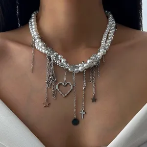 Trendy Layered Heart Pendant Star Cross Tassel Pearl Chain Necklace