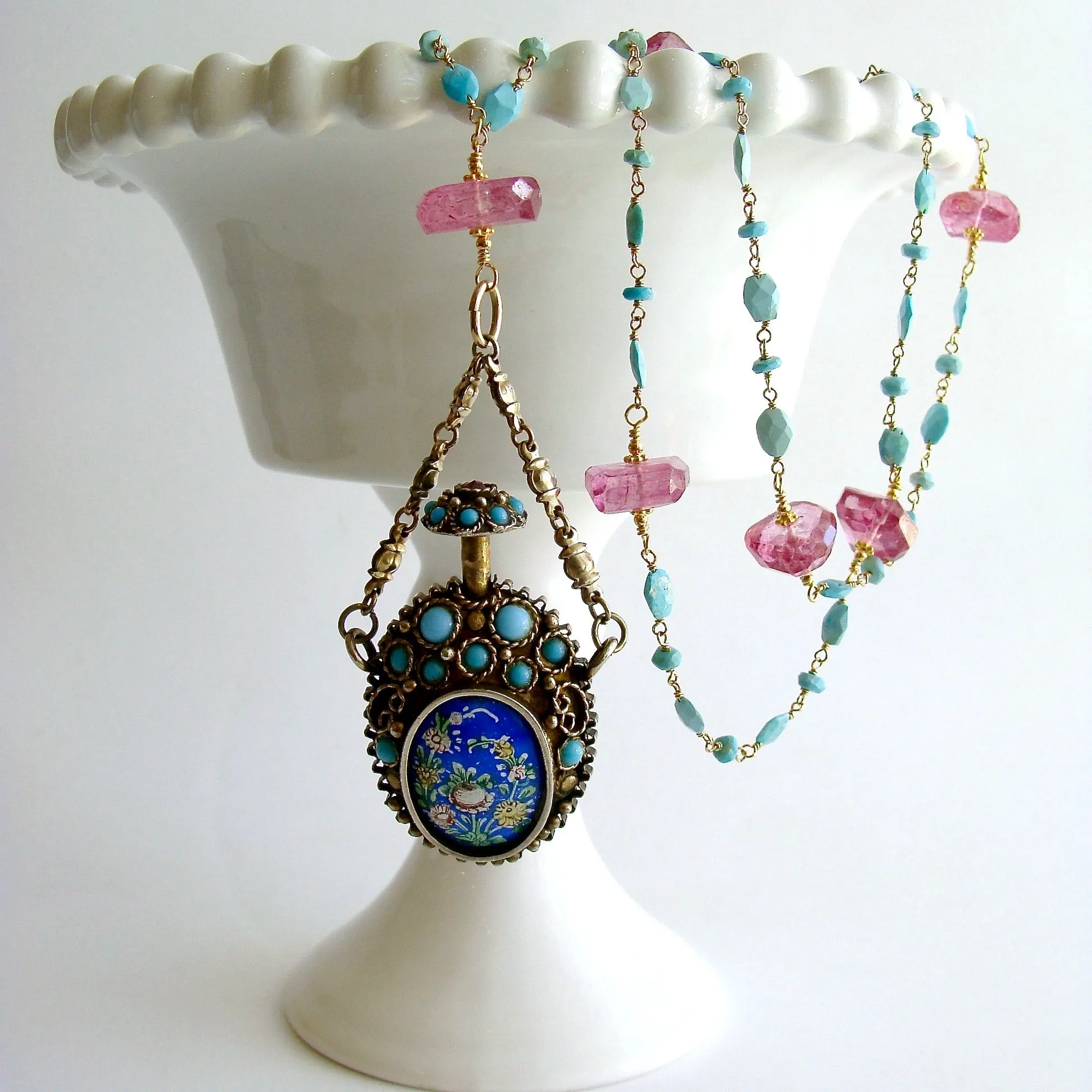 Turquoise Austro Hungarian Chatelaine Cloisonné Scent Bottle Necklace Turquoise Pink Topaz Nuggets - Ainsley Necklace
