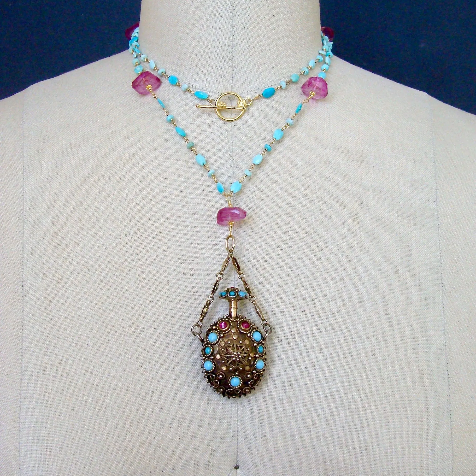 Turquoise Austro Hungarian Chatelaine Cloisonné Scent Bottle Necklace Turquoise Pink Topaz Nuggets - Ainsley Necklace