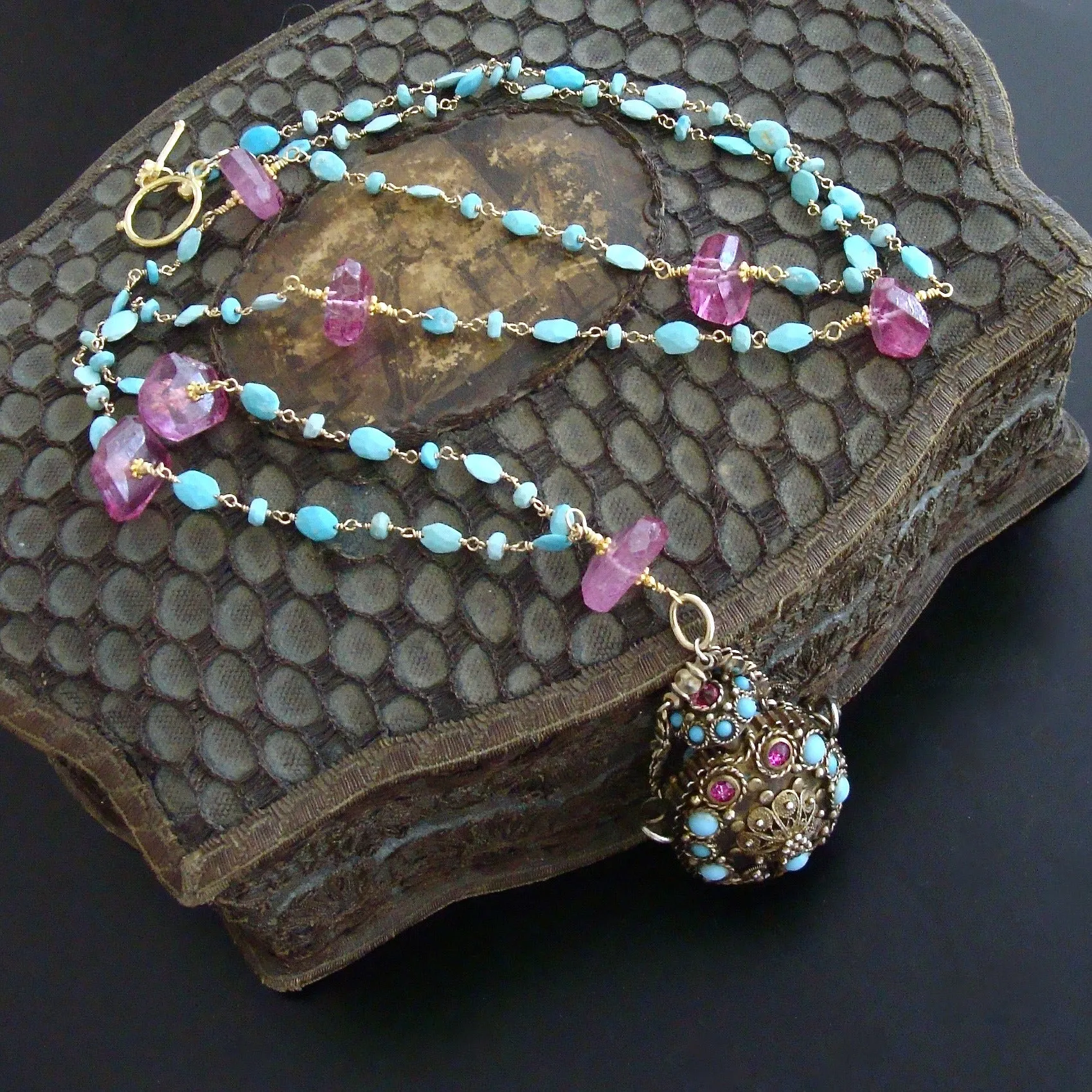 Turquoise Austro Hungarian Chatelaine Cloisonné Scent Bottle Necklace Turquoise Pink Topaz Nuggets - Ainsley Necklace