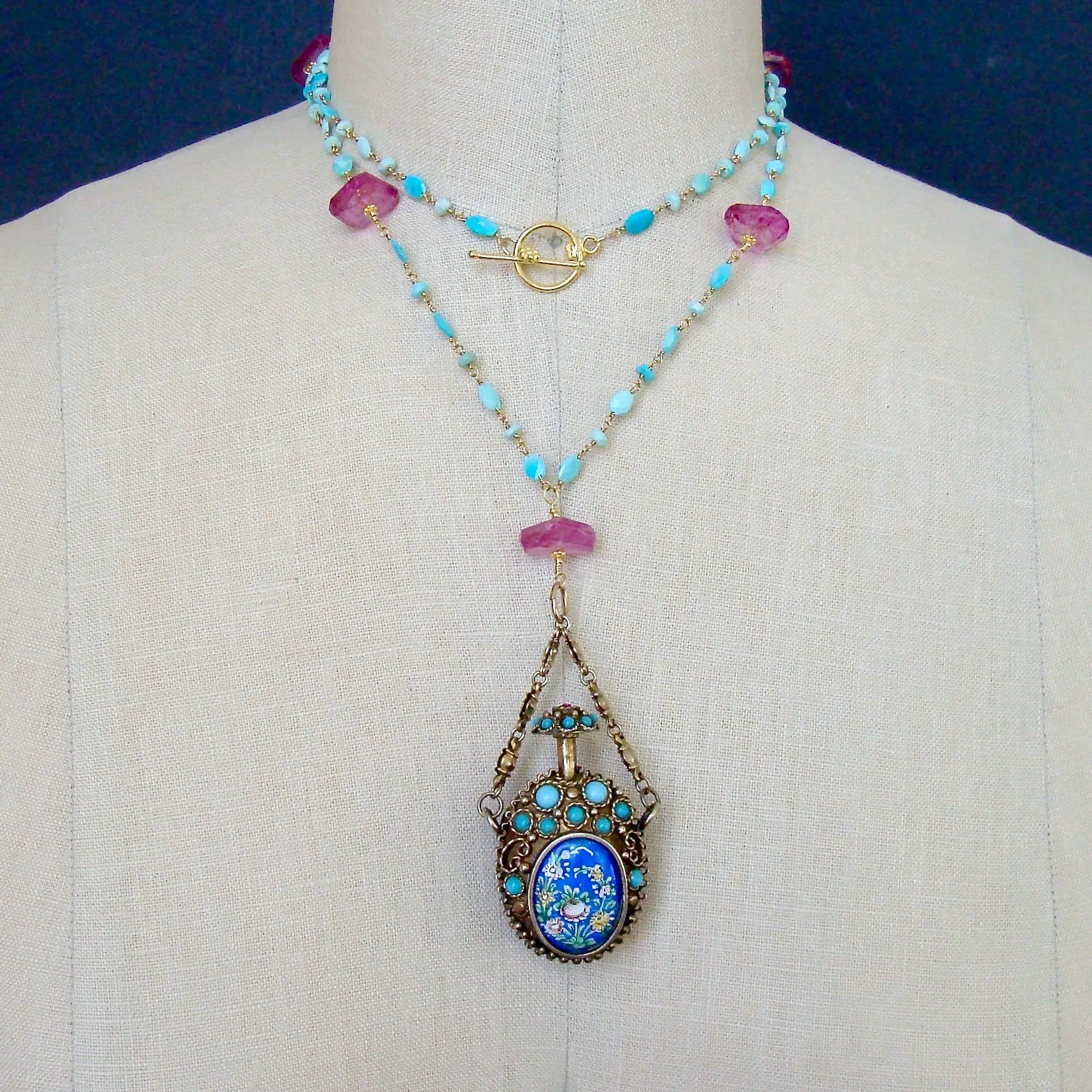 Turquoise Austro Hungarian Chatelaine Cloisonné Scent Bottle Necklace Turquoise Pink Topaz Nuggets - Ainsley Necklace
