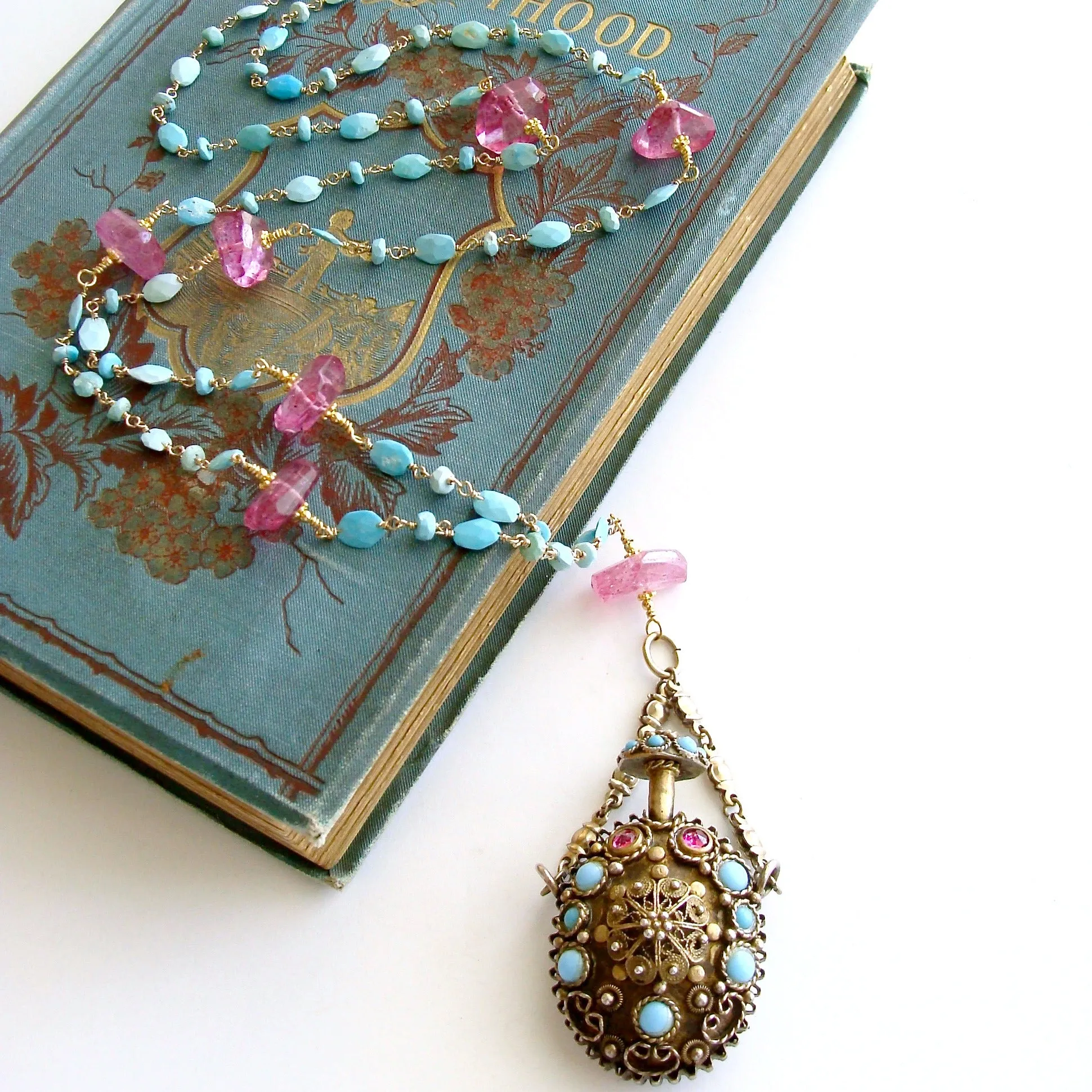 Turquoise Austro Hungarian Chatelaine Cloisonné Scent Bottle Necklace Turquoise Pink Topaz Nuggets - Ainsley Necklace