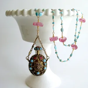 Turquoise Austro Hungarian Chatelaine Cloisonné Scent Bottle Necklace Turquoise Pink Topaz Nuggets - Ainsley Necklace
