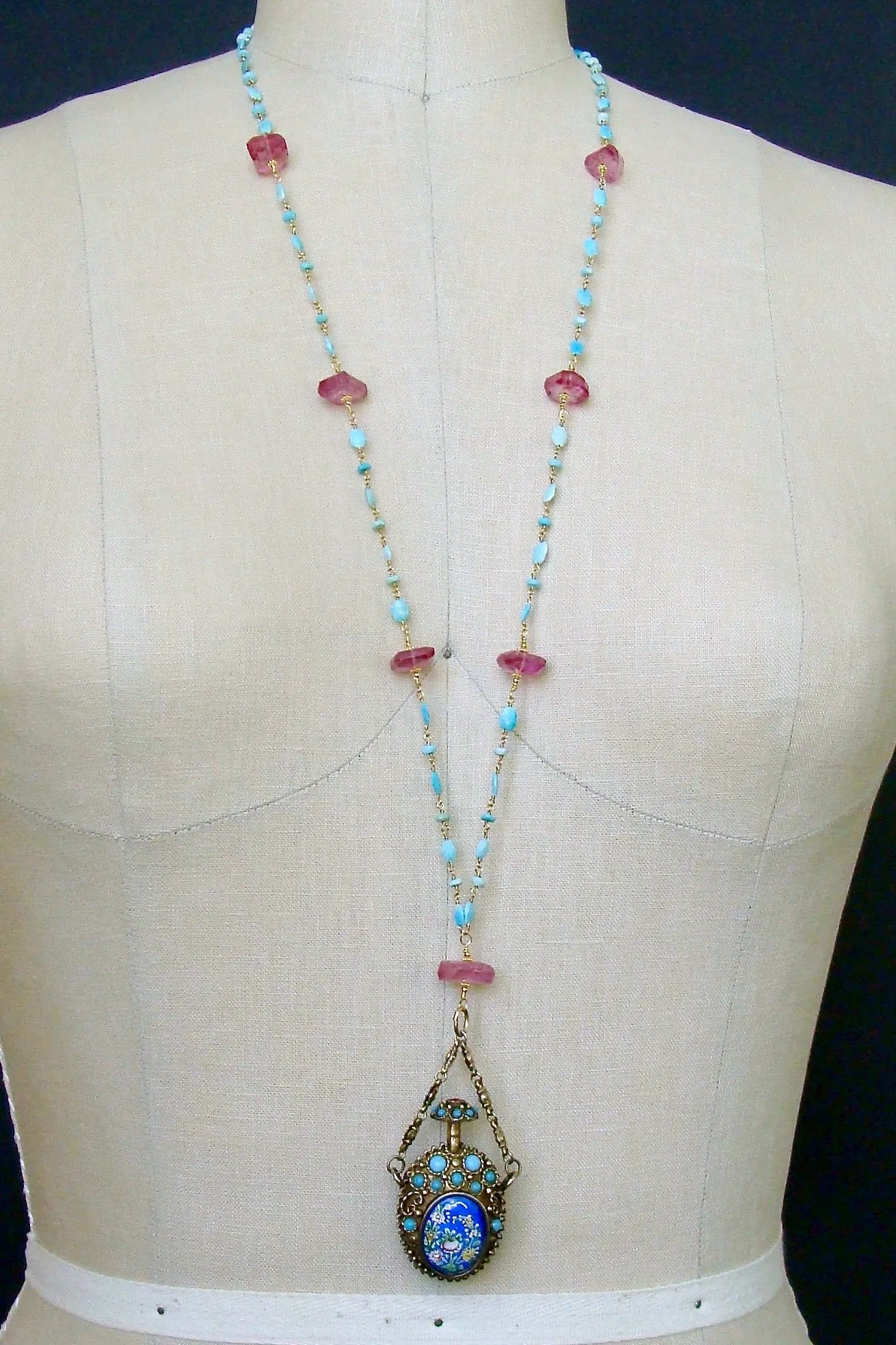 Turquoise Austro Hungarian Chatelaine Cloisonné Scent Bottle Necklace Turquoise Pink Topaz Nuggets - Ainsley Necklace