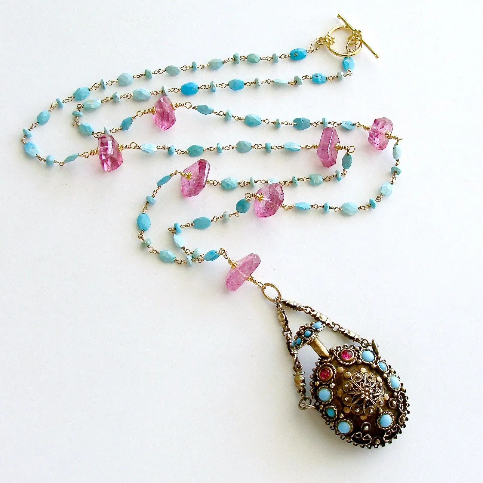 Turquoise Austro Hungarian Chatelaine Cloisonné Scent Bottle Necklace Turquoise Pink Topaz Nuggets - Ainsley Necklace