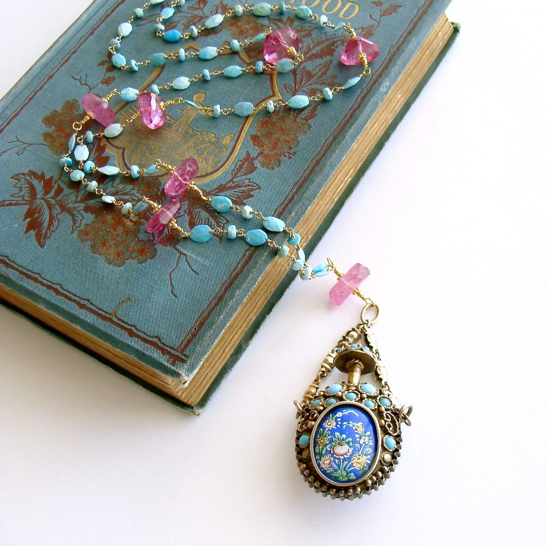 Turquoise Austro Hungarian Chatelaine Cloisonné Scent Bottle Necklace Turquoise Pink Topaz Nuggets - Ainsley Necklace