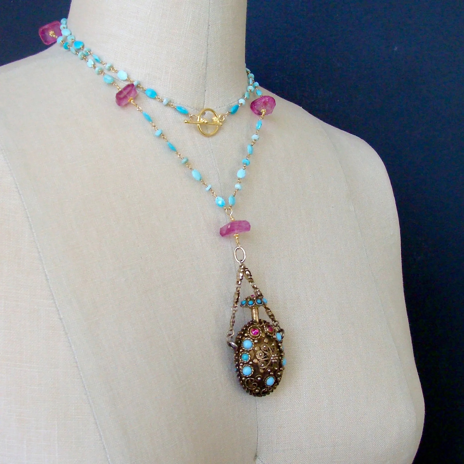 Turquoise Austro Hungarian Chatelaine Cloisonné Scent Bottle Necklace Turquoise Pink Topaz Nuggets - Ainsley Necklace