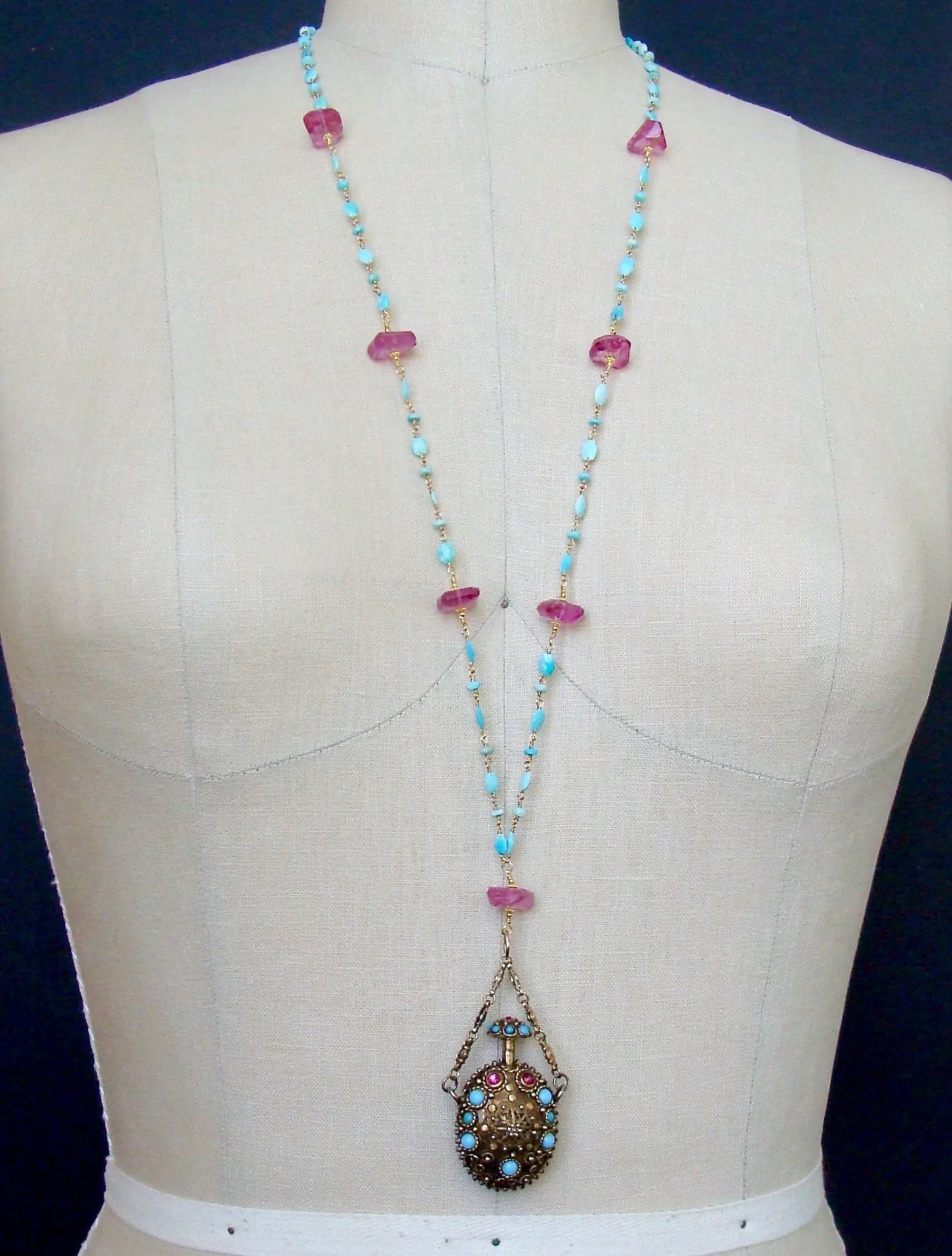 Turquoise Austro Hungarian Chatelaine Cloisonné Scent Bottle Necklace Turquoise Pink Topaz Nuggets - Ainsley Necklace