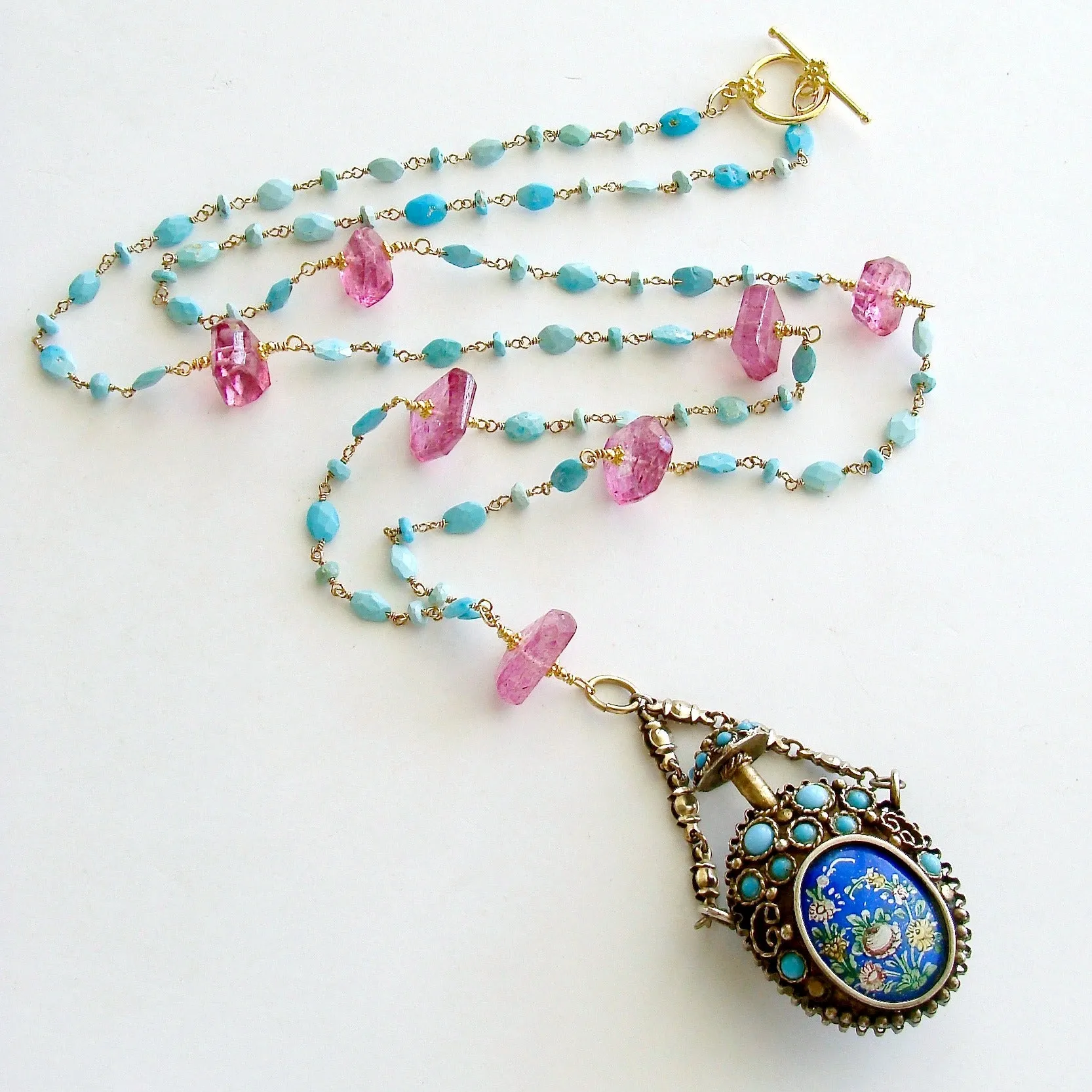 Turquoise Austro Hungarian Chatelaine Cloisonné Scent Bottle Necklace Turquoise Pink Topaz Nuggets - Ainsley Necklace