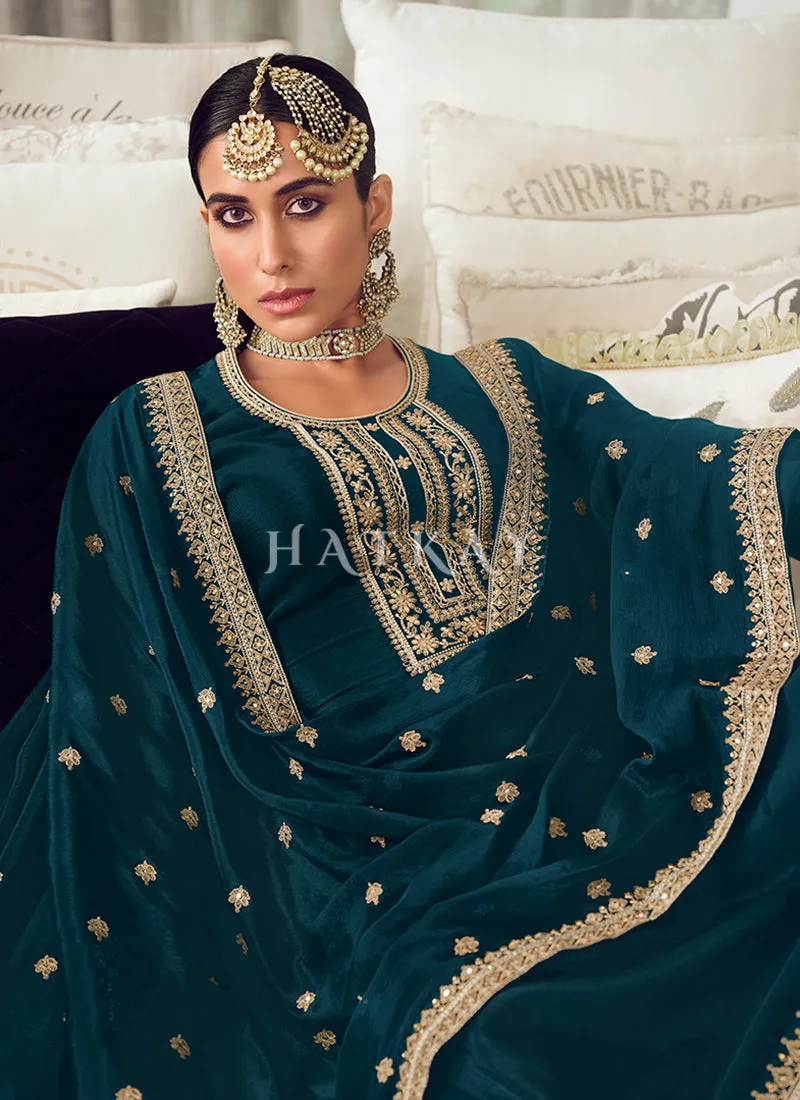 Turquoise Golden Embroidered Wedding Palazzo Suit