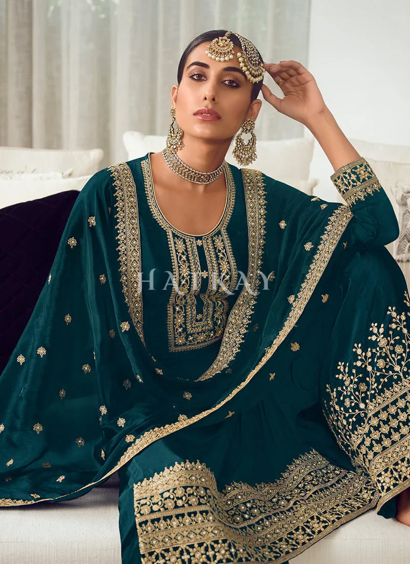 Turquoise Golden Embroidered Wedding Palazzo Suit