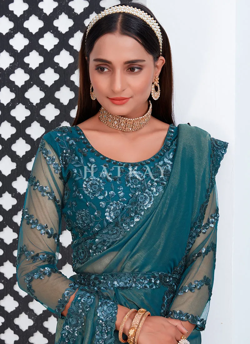Turquoise Sequence Embroidery Silk Saree