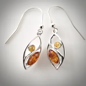 Two Colors Amber Silver Leaf Shape Earrings