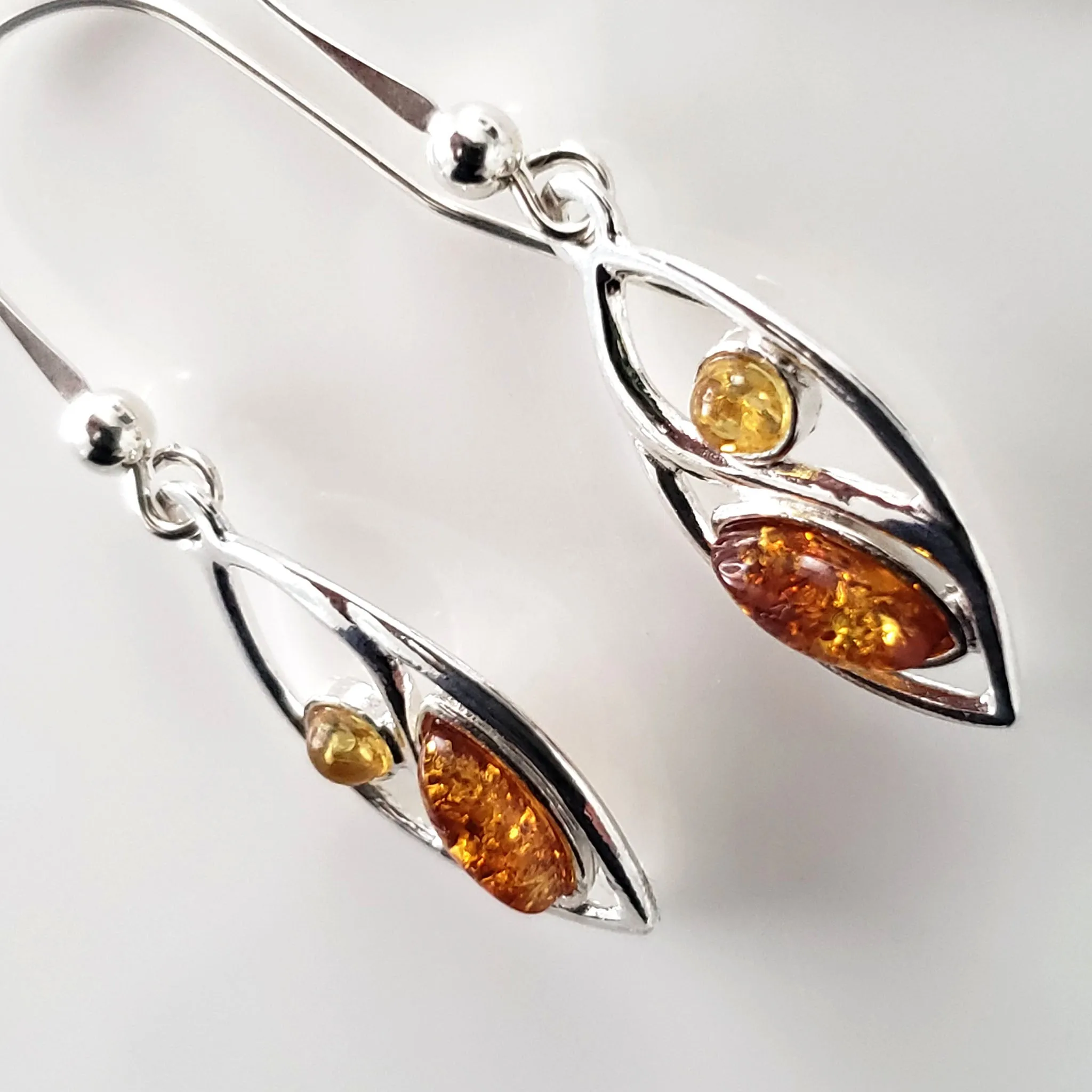 Two Colors Amber Silver Leaf Shape Earrings
