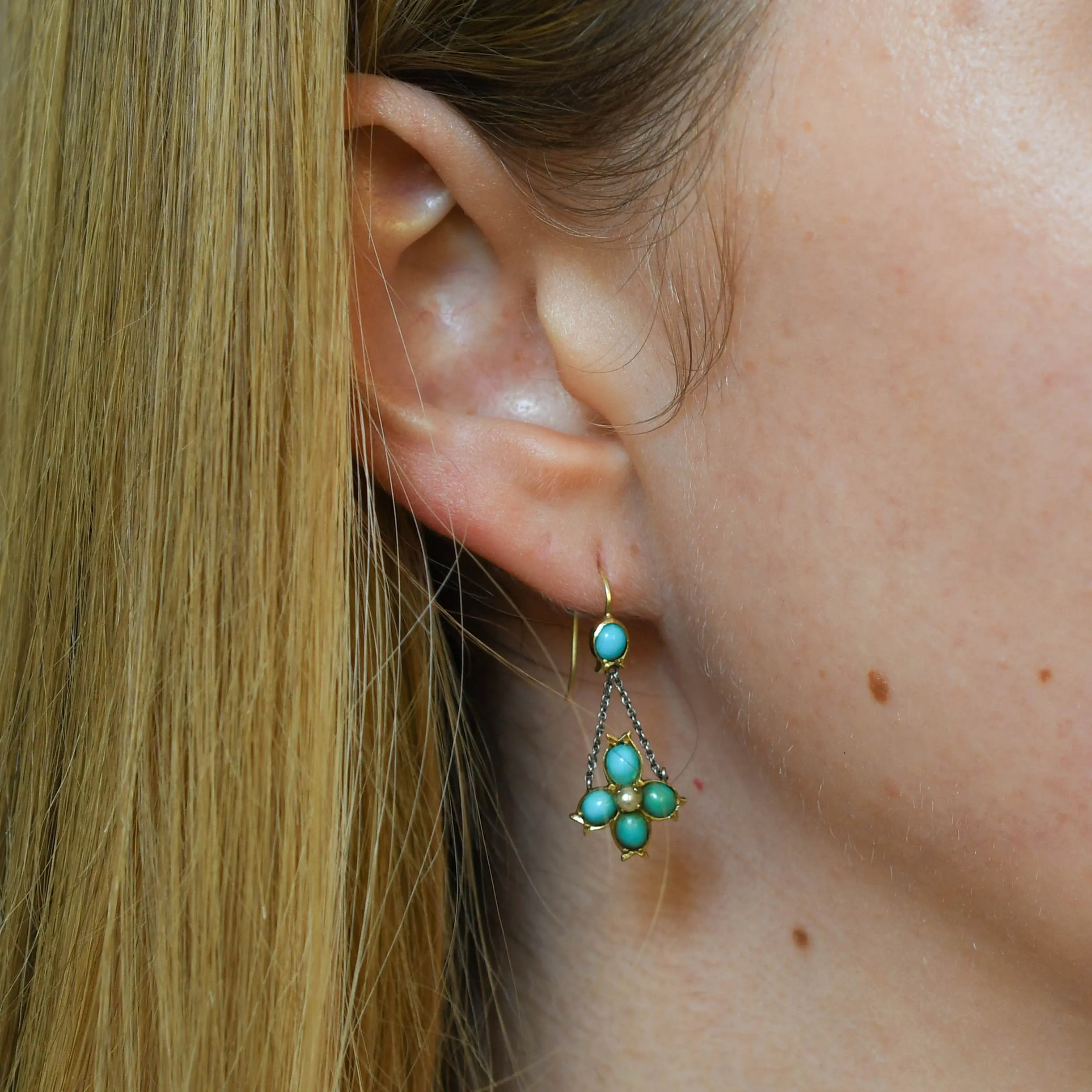 Victorian Turquoise & Pearl Drop Earrings