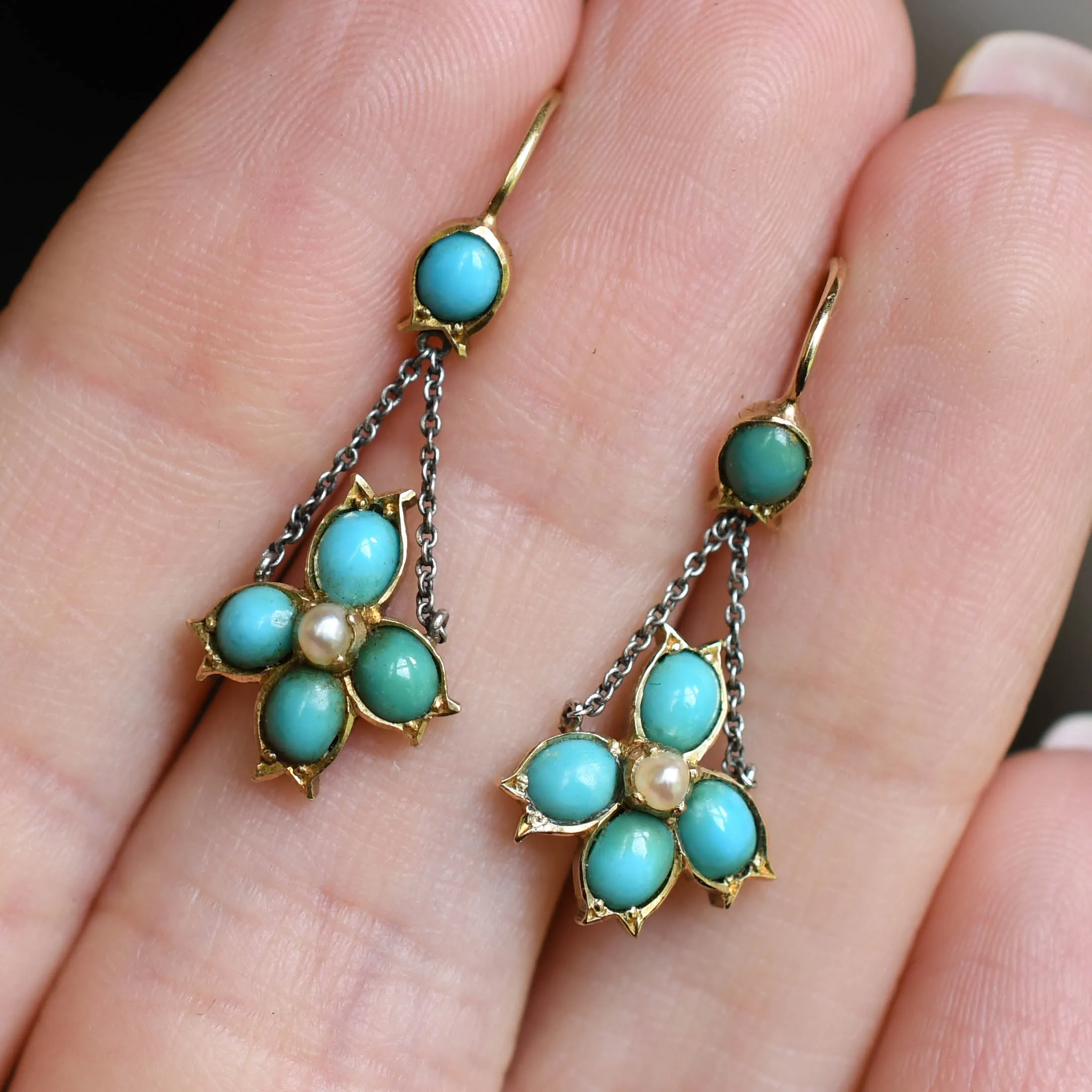 Victorian Turquoise & Pearl Drop Earrings