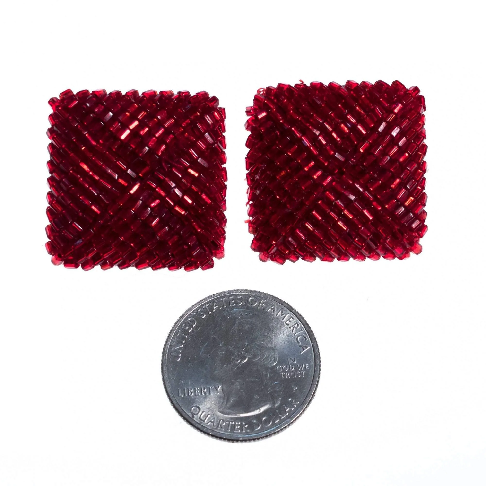 Vintage 1980s Square Red Seed Bead Earrings