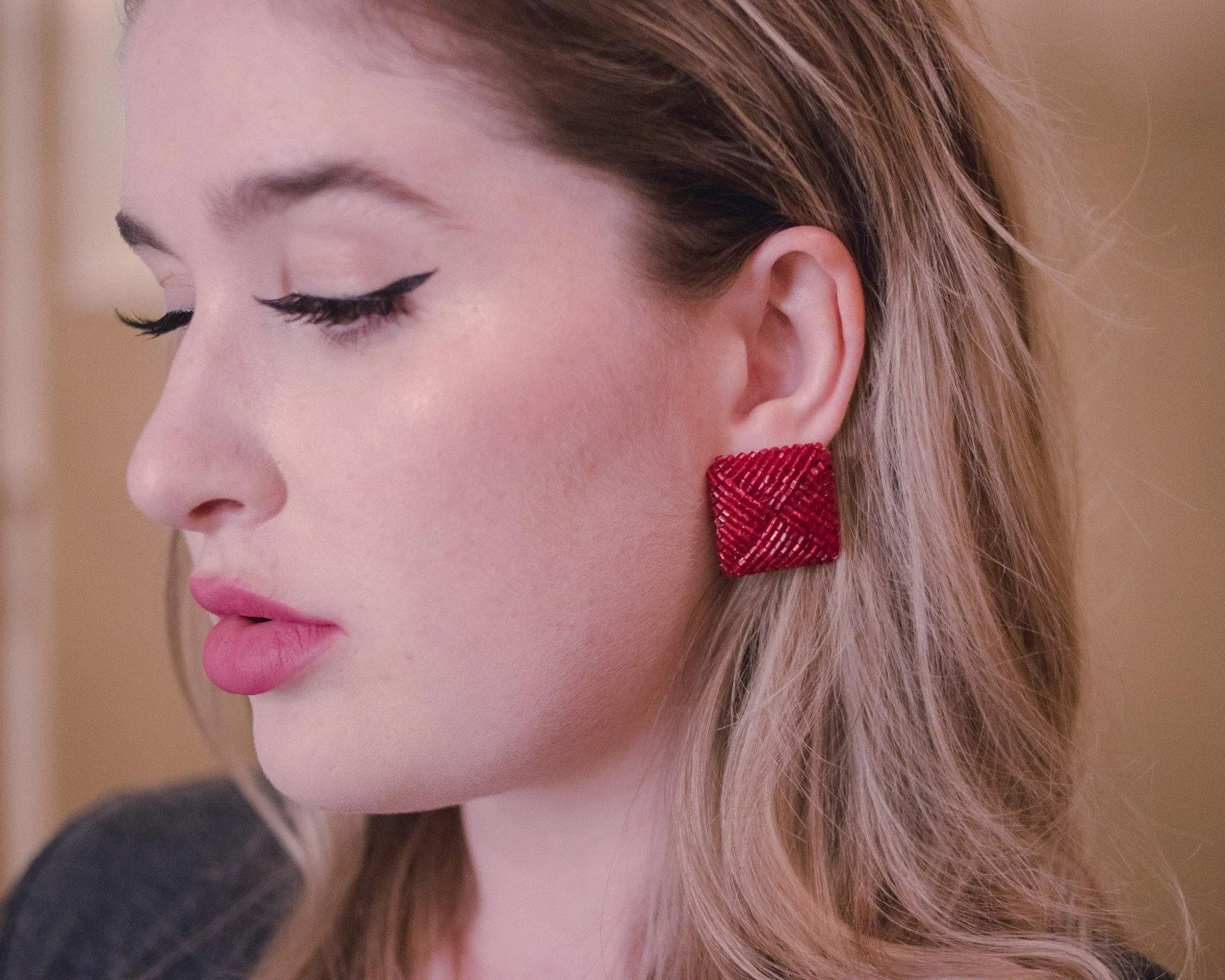 Vintage 1980s Square Red Seed Bead Earrings