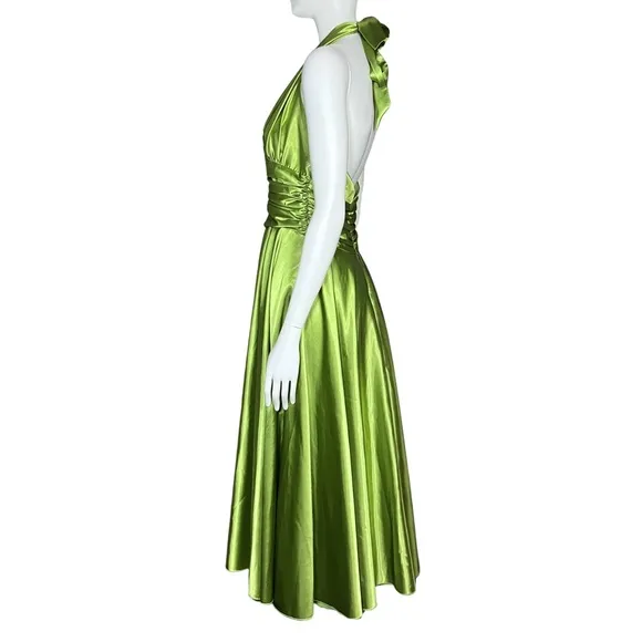 Vintage Green Chartreuse Satin 50s Halter Midi Dress Marilyn Monroe. Sz S Retro