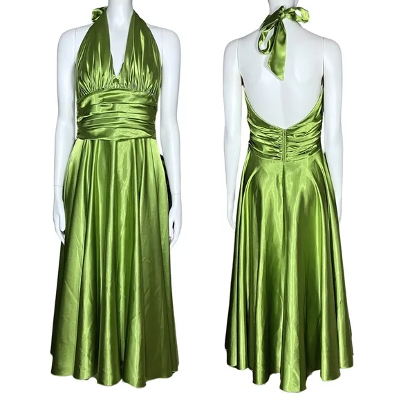 Vintage Green Chartreuse Satin 50s Halter Midi Dress Marilyn Monroe. Sz S Retro