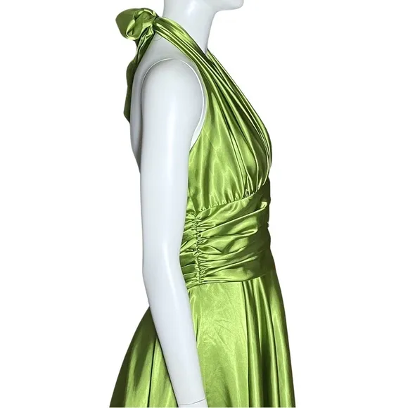 Vintage Green Chartreuse Satin 50s Halter Midi Dress Marilyn Monroe. Sz S Retro