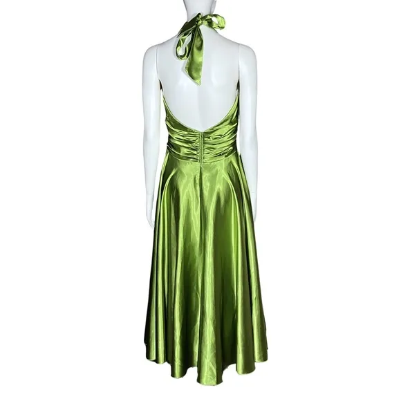 Vintage Green Chartreuse Satin 50s Halter Midi Dress Marilyn Monroe. Sz S Retro