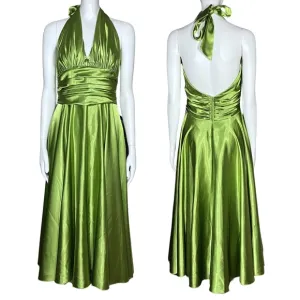 Vintage Green Chartreuse Satin 50s Halter Midi Dress Marilyn Monroe. Sz S Retro