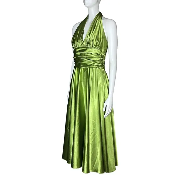 Vintage Green Chartreuse Satin 50s Halter Midi Dress Marilyn Monroe. Sz S Retro
