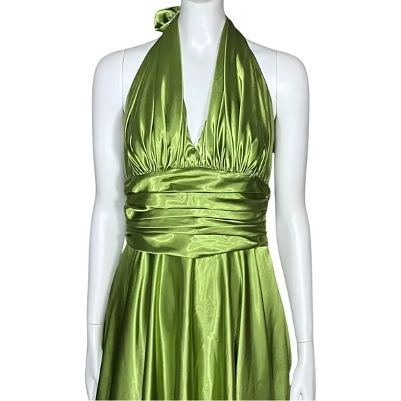 Vintage Green Chartreuse Satin 50s Halter Midi Dress Marilyn Monroe. Sz S Retro
