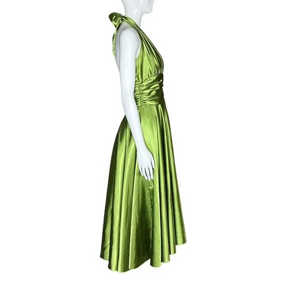 Vintage Green Chartreuse Satin 50s Halter Midi Dress Marilyn Monroe. Sz S Retro