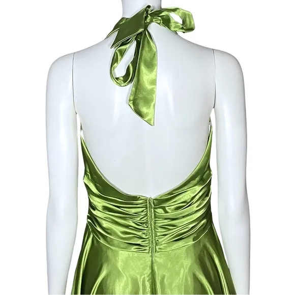 Vintage Green Chartreuse Satin 50s Halter Midi Dress Marilyn Monroe. Sz S Retro