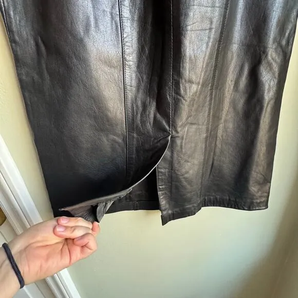 Vintage Lord &amp; Taylor Black 100% Leather Midi Pencil Skirt 90s Sz 4
