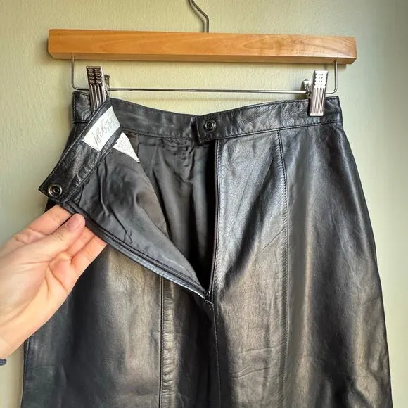 Vintage Lord &amp; Taylor Black 100% Leather Midi Pencil Skirt 90s Sz 4