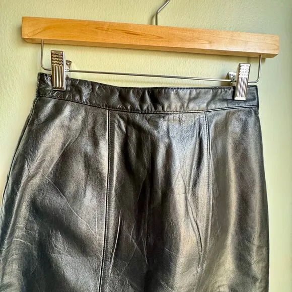 Vintage Lord &amp; Taylor Black 100% Leather Midi Pencil Skirt 90s Sz 4