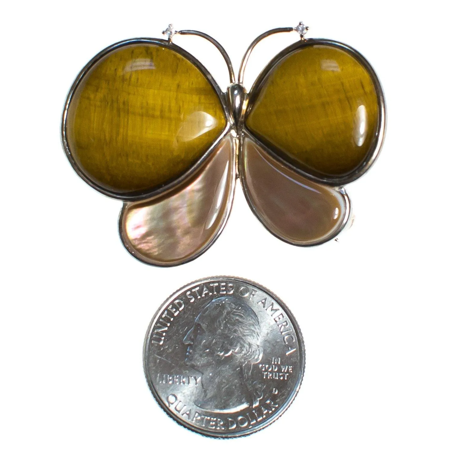 Vintage Tigers Eye and Mother of Pearl Butterfly Brooch set in Sterling Silver