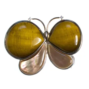 Vintage Tigers Eye and Mother of Pearl Butterfly Brooch set in Sterling Silver