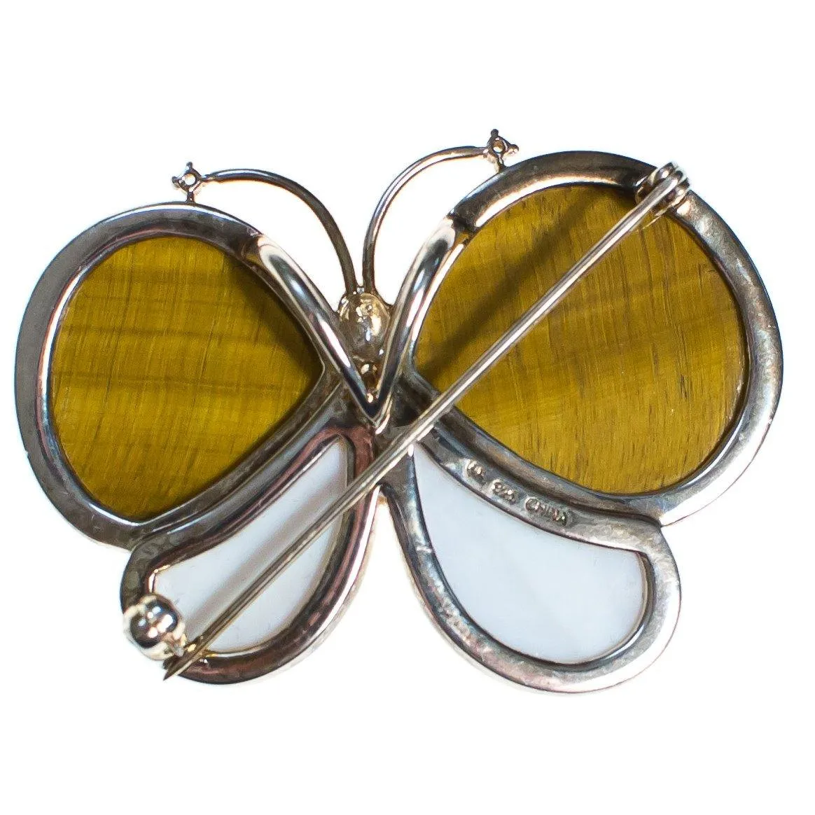 Vintage Tigers Eye and Mother of Pearl Butterfly Brooch set in Sterling Silver